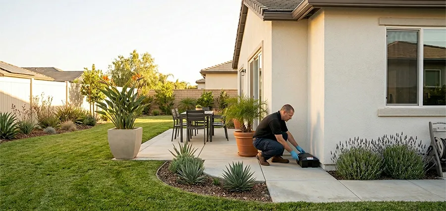 technician-placing-rodent-bait-trap-on-patio-in-murrieta-california-for-cal-oaks-pest-control 